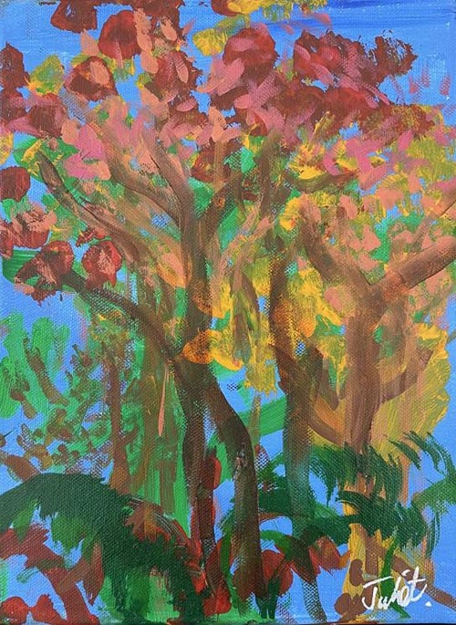 A painting called Foliage, with green, yellow and brown leaves and a blue sky in the background 